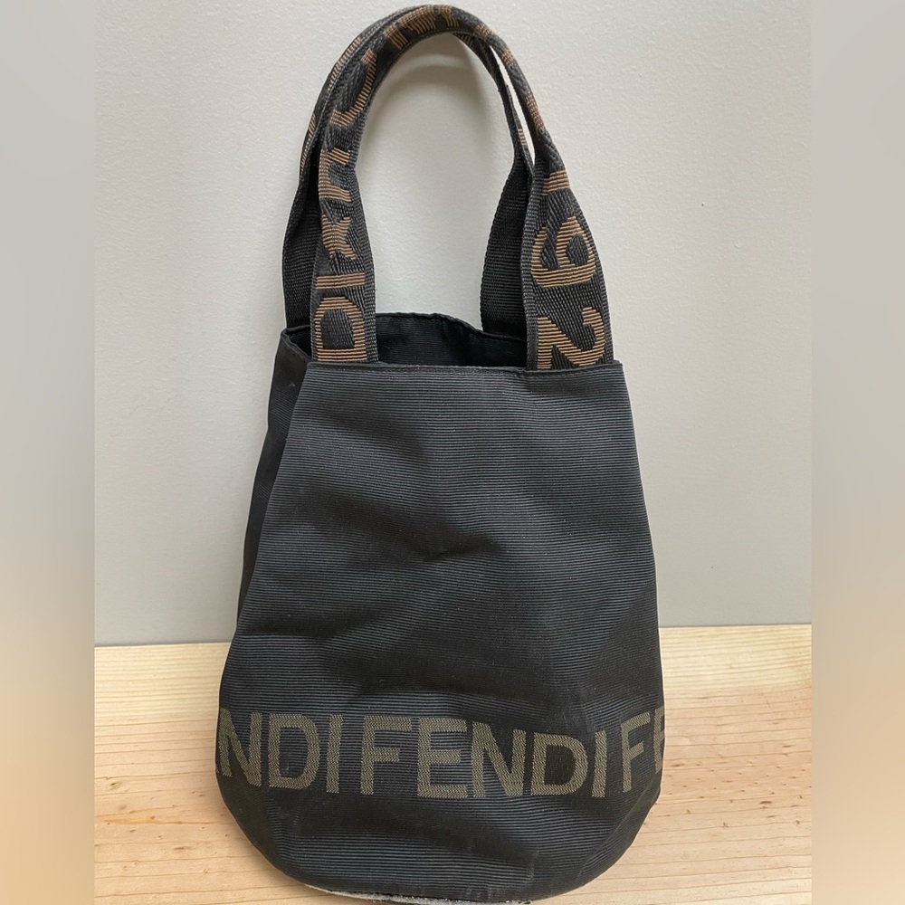 Fendi Star Roma Black Canvas Tote Bucket Bag